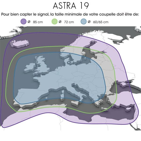 Carte de couverture du satellite Astra 19,2°E (TNTSAT)